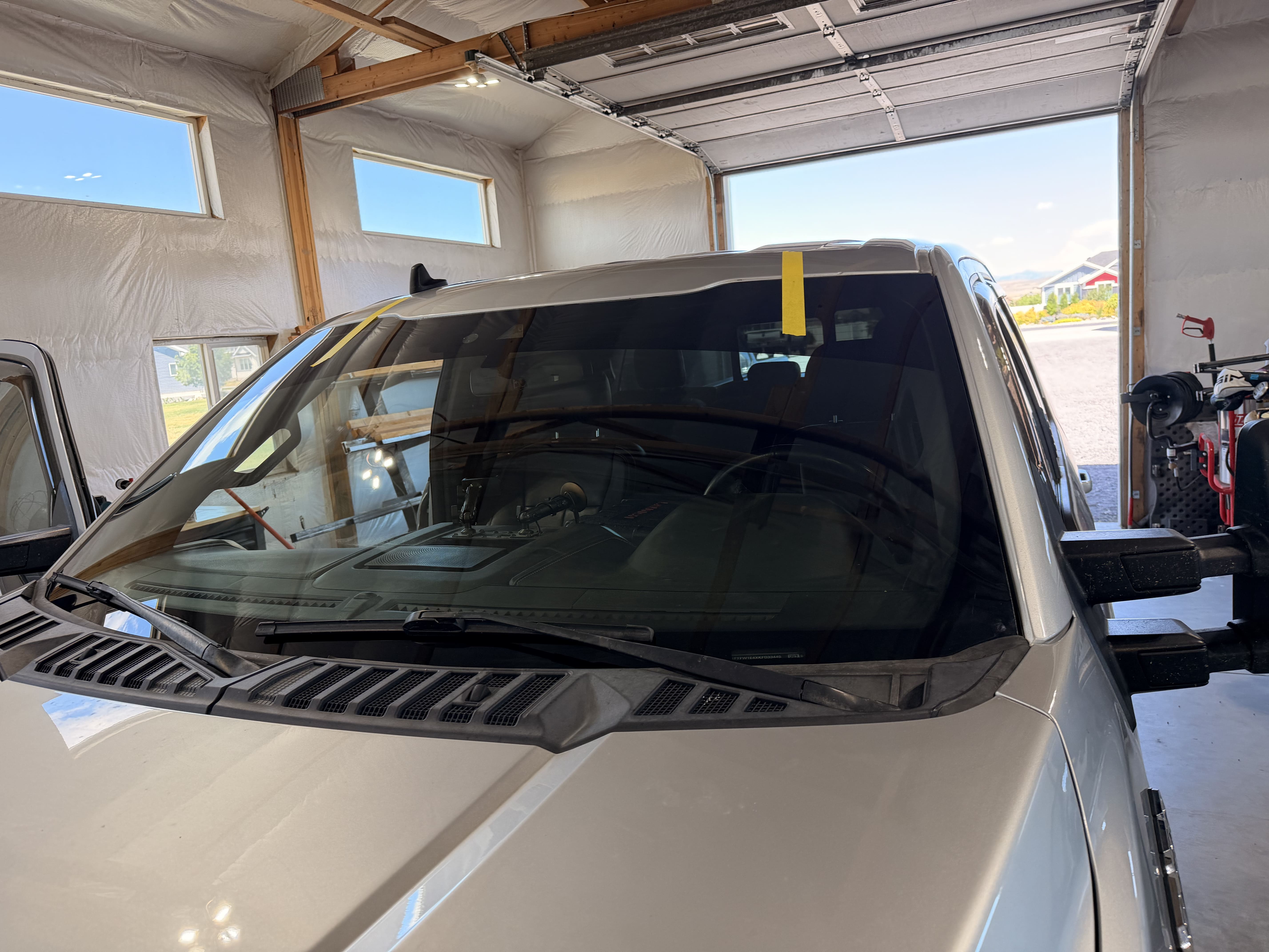 Newly positioned windshield on a modern pickup truck